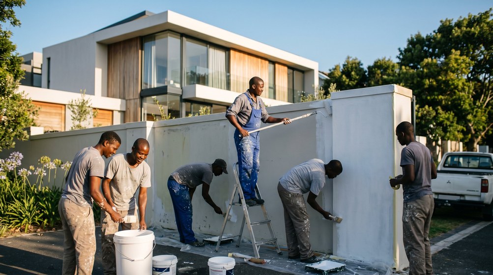 Professional team painting a boundary wall at a modern home in Gardens