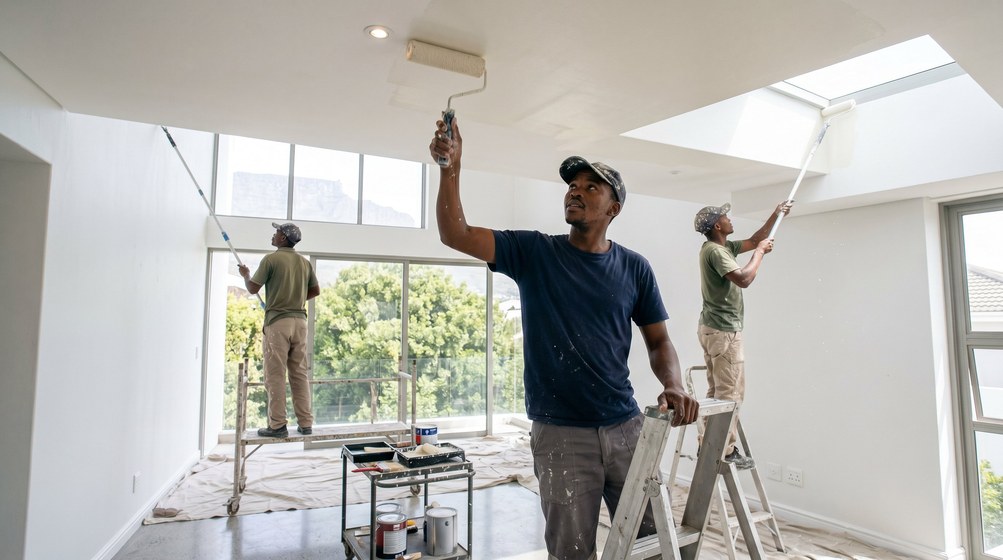 Professional ceiling painters rolling white paint onto a high ceiling in Gardens