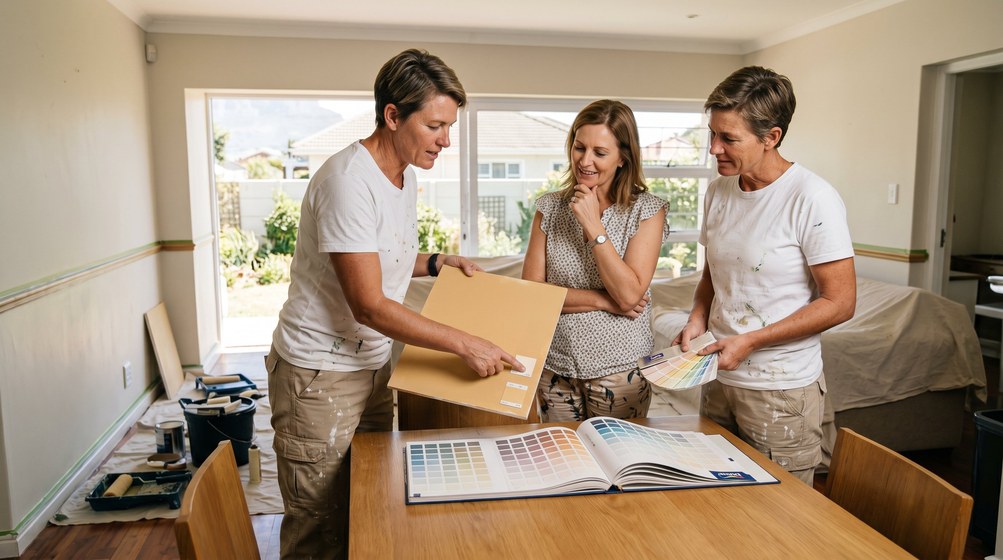 Professional colour consultant showing paint swatches to a homeowner in Gardens