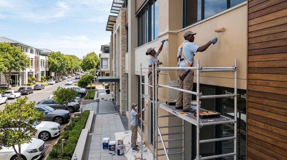 Professional commercial painters on scaffolding painting a building on the City Bowl