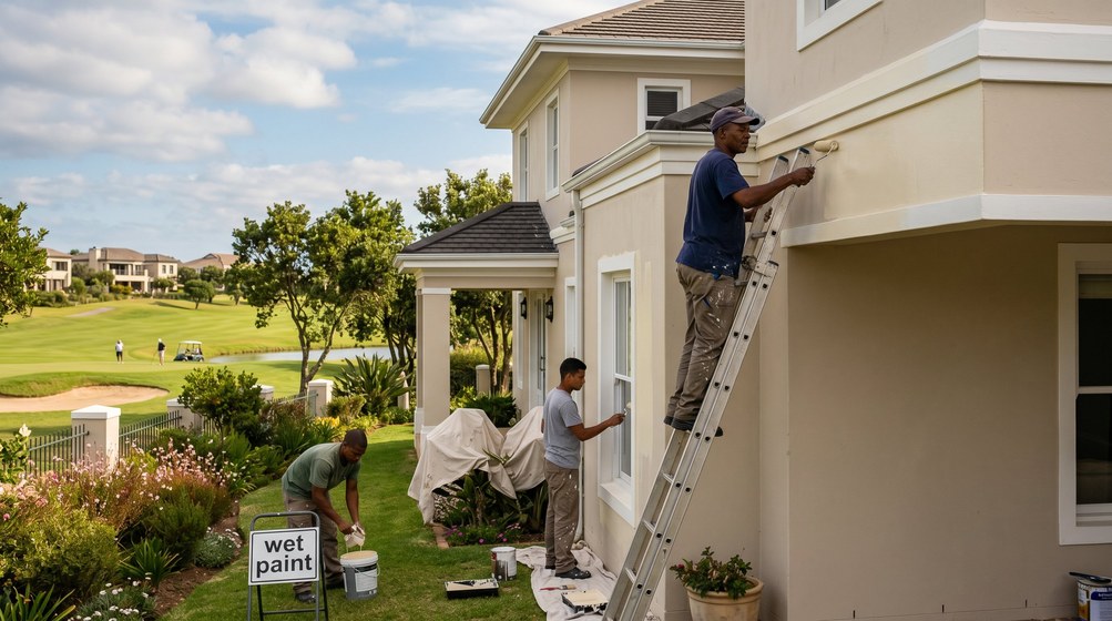 Professional estate painters painting a luxury golf estate home on the City Bowl