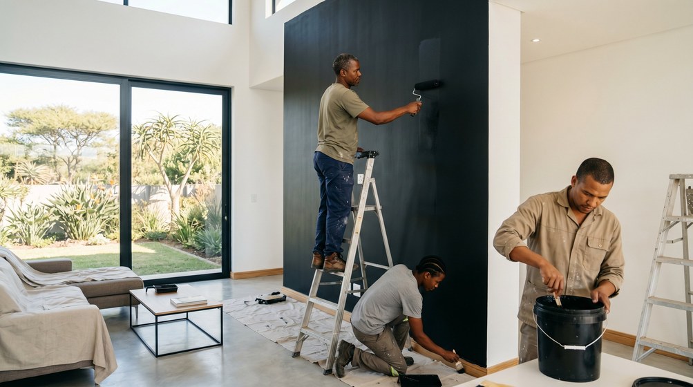 Professional painters creating a bold black feature wall in a modern Gardens home