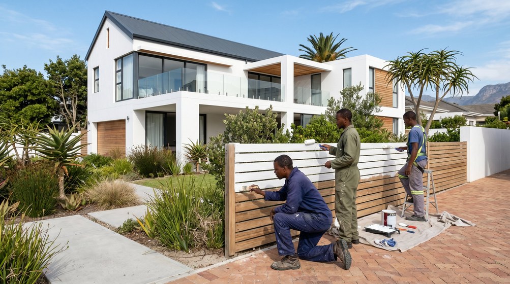 Professional fence painters painting a wooden fence at a coastal home in Gardens
