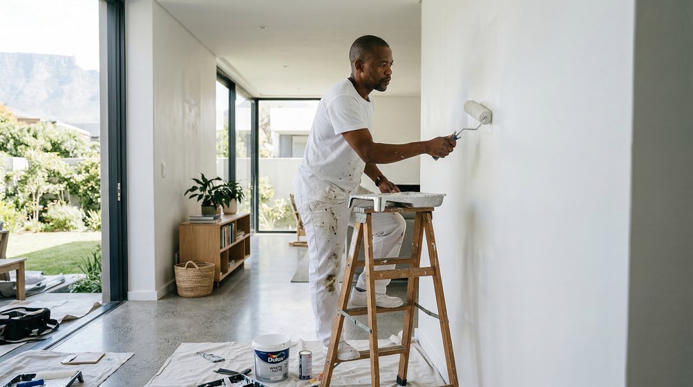 Professional interior painter in Gardens painting walls with a roller