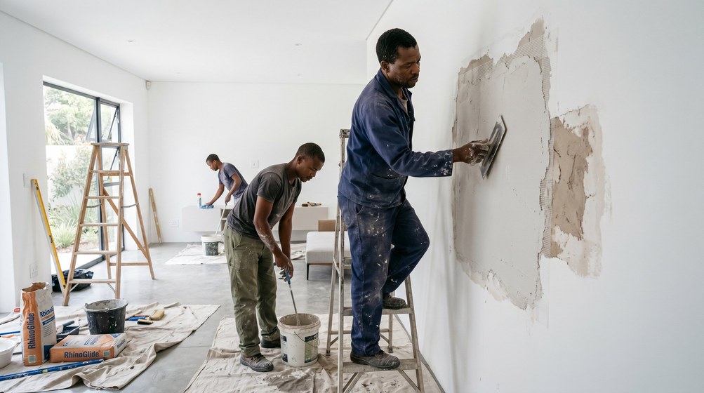 Professional plaster repair team skim coating damaged walls in Gardens