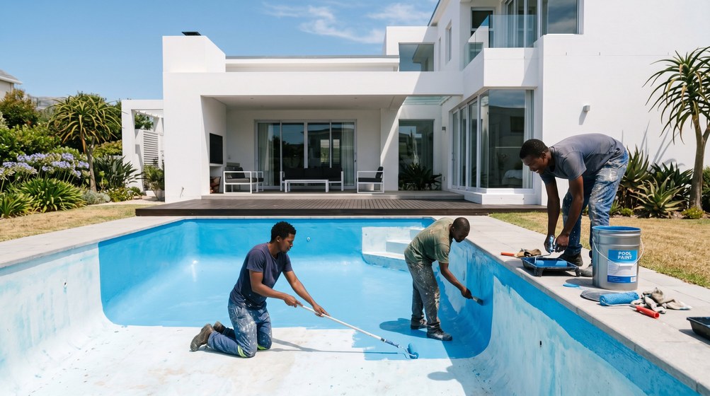 Professional pool painters applying blue pool paint to a swimming pool in Gardens