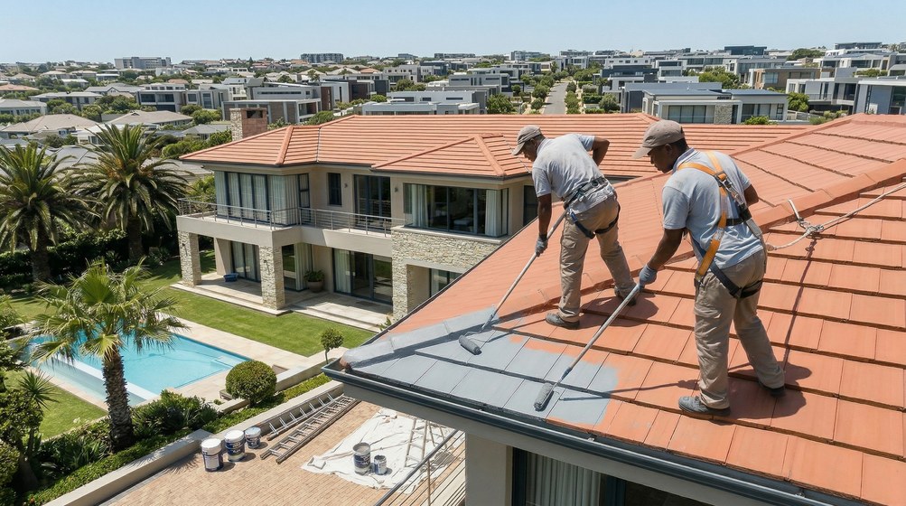 Professional roof painters applying waterproof coating to tiled roof in Gardens