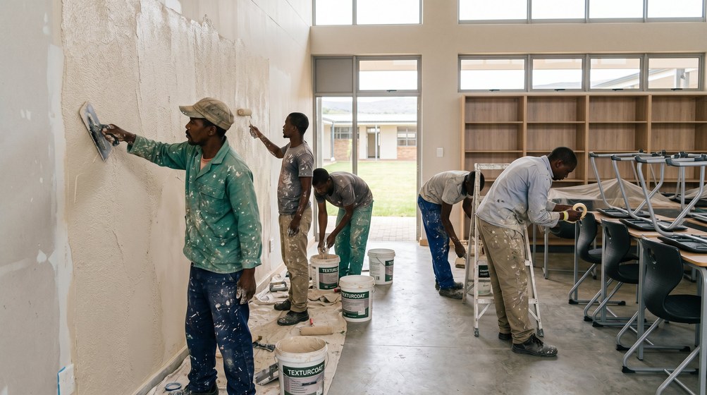 Professional texture coating team applying Texturcoat to interior walls in Gardens