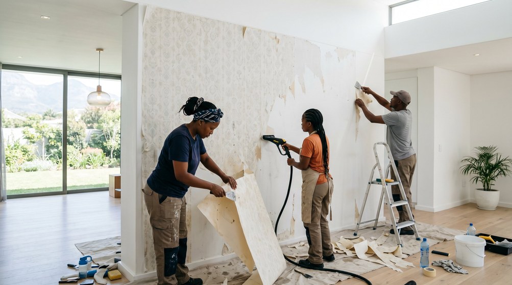 Professional wallpaper removal team stripping old wallpaper in a Gardens home
