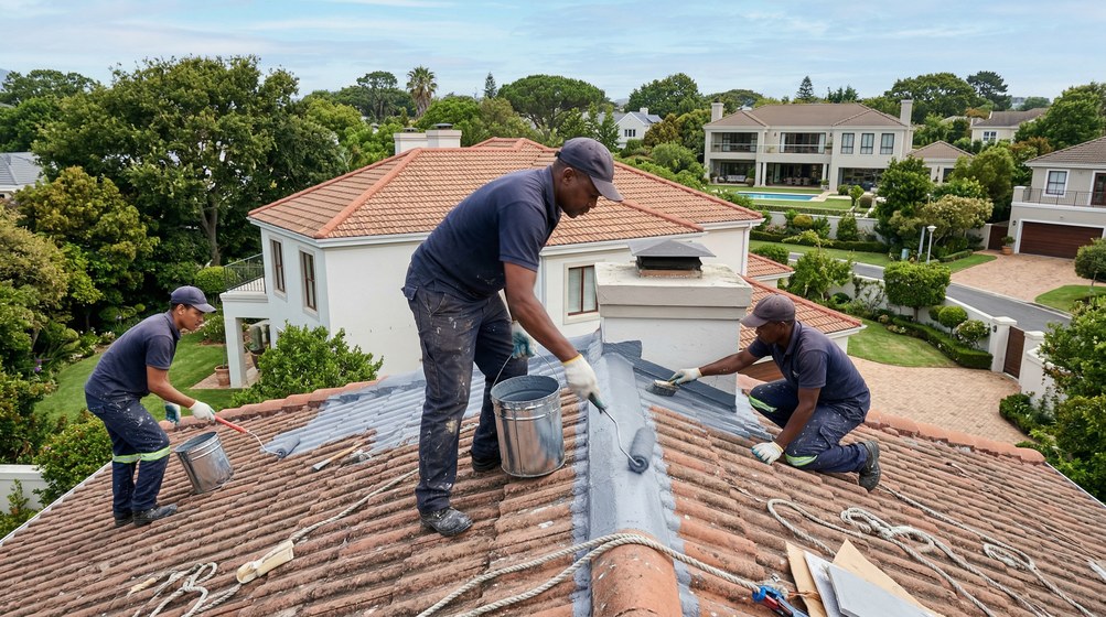 Professional waterproofing team applying membrane to roof in Gardens
