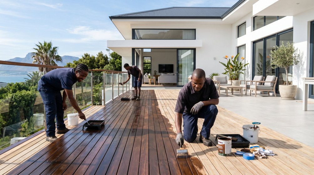 Professional wood staining team applying deck stain overlooking the ocean in Gardens